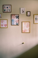 A wall adorned with several framed artworks, featuring abstract designs and illustrations of plants. The frames vary in size and color, and are neatly arranged, creating an aesthetically pleasing display.