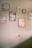 A wall adorned with several framed artworks, featuring abstract designs and illustrations of plants. The frames vary in size and color, and are neatly arranged, creating an aesthetically pleasing display.