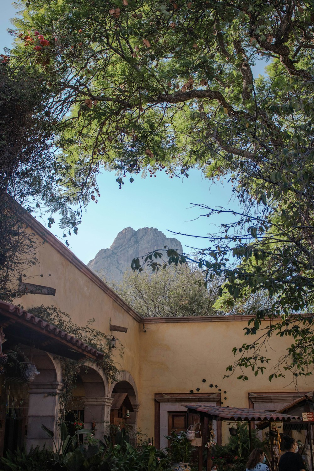 a building with a mountain in the background