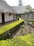 A serene garden with neatly trimmed green hedges, a variety of small plants and flowers, situated next to buildings with thatched roofs. The stone wall adds texture, and the path is clean and well-maintained. A fire extinguisher is mounted on one of the building walls.