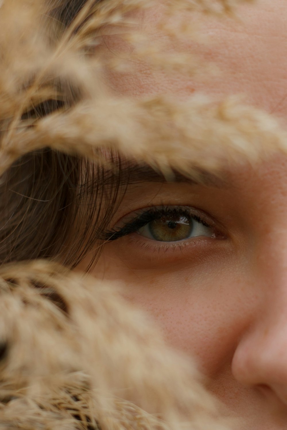 a close up of a woman's face with brown hair