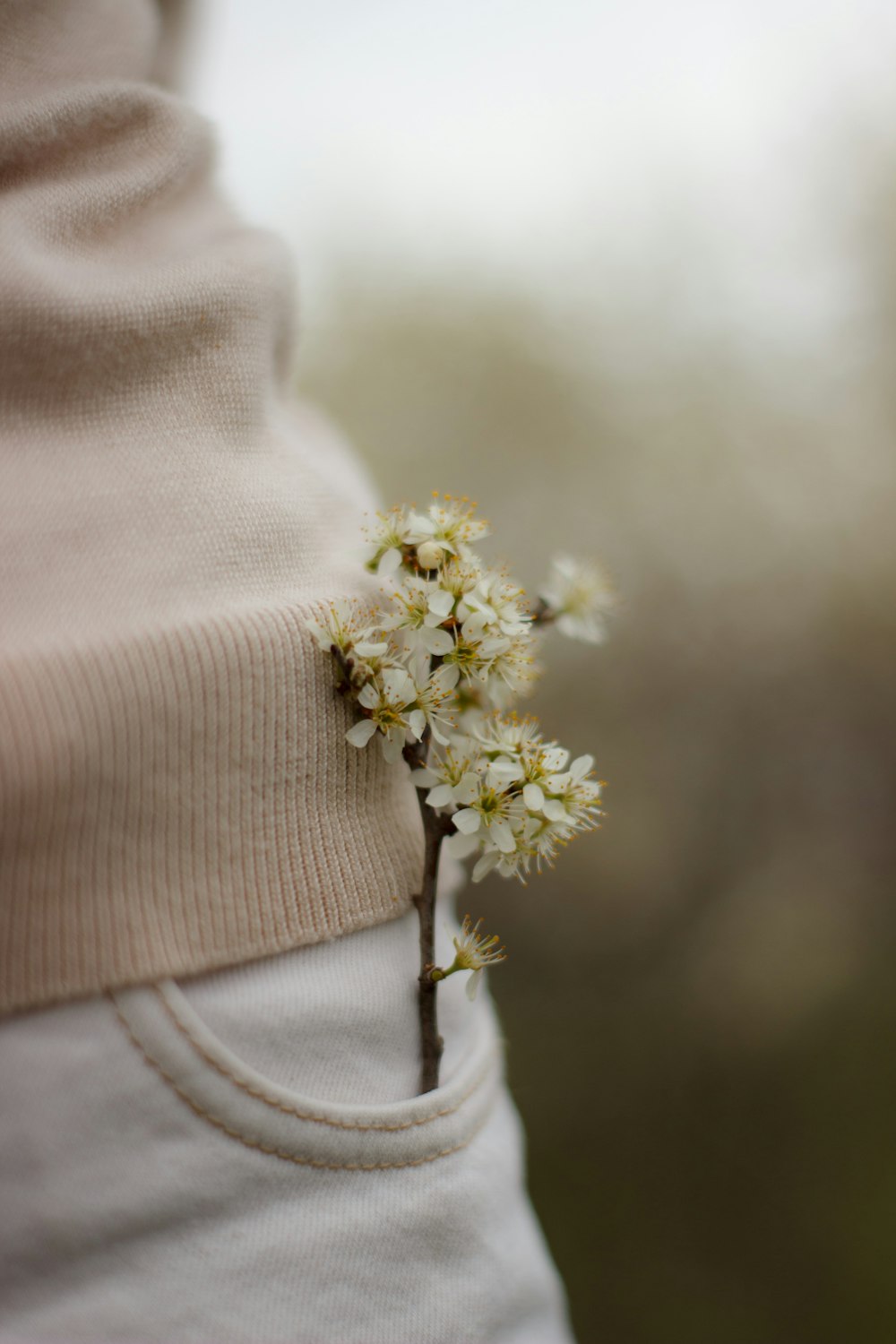 Una pequeña flor blanca que sobresale del bolsillo de los pantalones de alguien