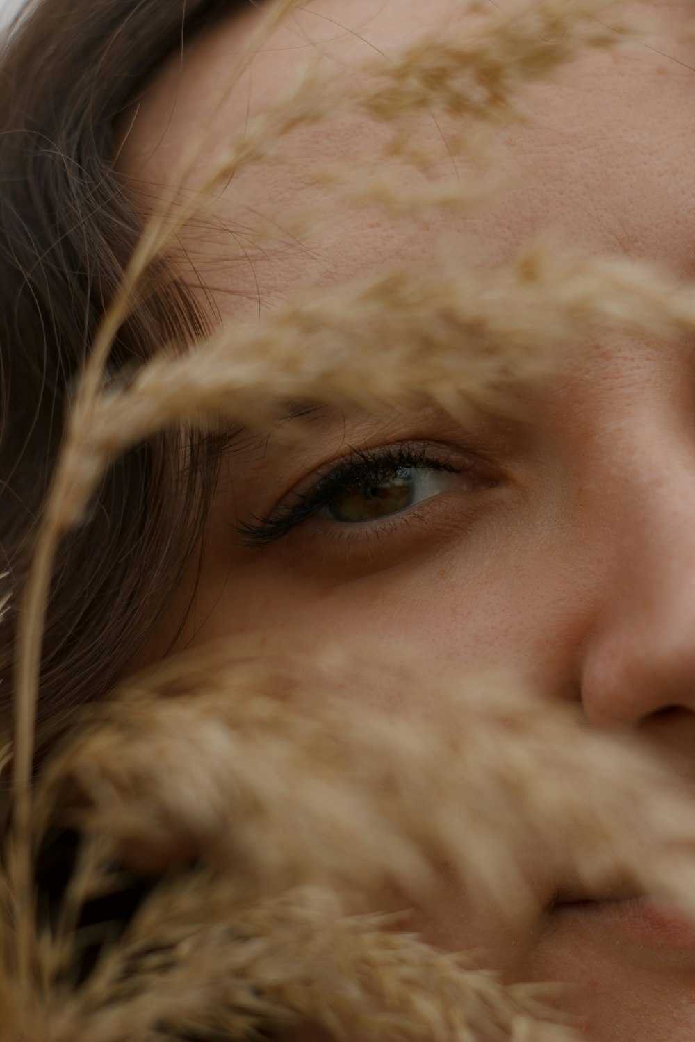 a close up of a person with brown hair