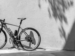 Image of a sleek black and red bicycle leaning against a wall.
