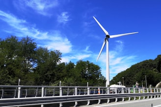 Graph showing rising website traffic with wind turbines in the background under a clear blue sky.