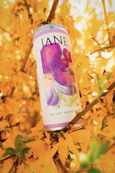 A can branded as 'JANE' is nestled among vibrant yellow flowers. The can features floral artwork with purple and green hues, and includes text indicating it is a CBD-infused green tea with violet and citrus flavors.