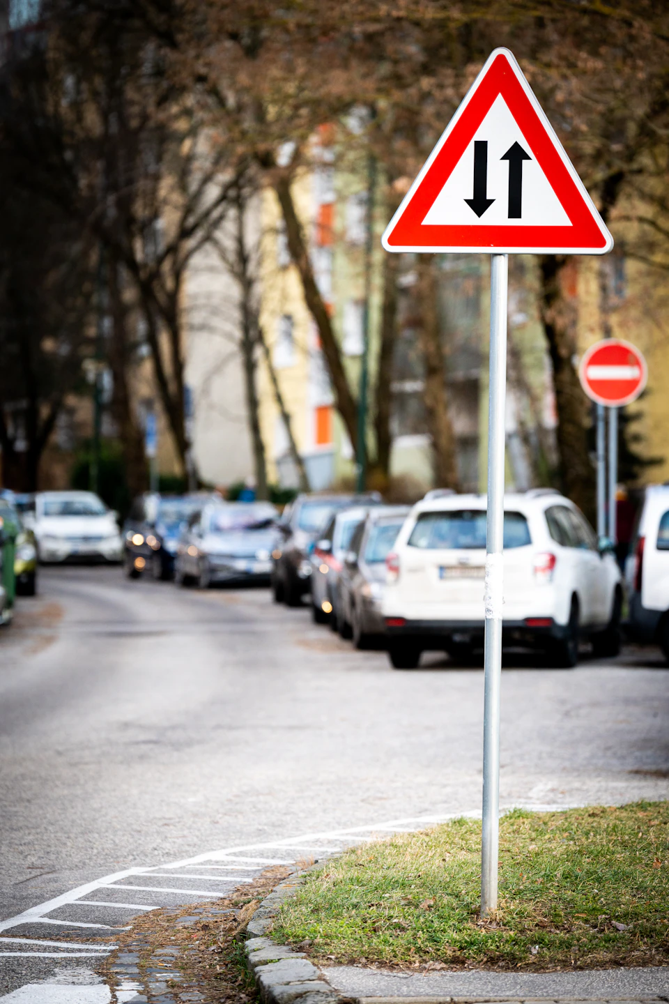 The image shows a street scene with several cars parked along the side, including white and black sedans and hatchbacks. A red and white triangular warning sign is prominently displayed on the right side of the frame, featuring two arrows pointing in opposite directions. The background includes trees lining both sides of the road, providing a natural element to the urban setting.