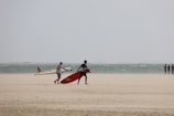 Several people are on a sandy beach near an ocean, carrying windsurfing equipment. The sea is slightly wavy, and the sky appears overcast, suggesting a windy day suitable for windsurfing.
