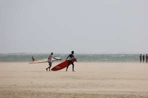 Several people are on a sandy beach near an ocean, carrying windsurfing equipment. The sea is slightly wavy, and the sky appears overcast, suggesting a windy day suitable for windsurfing.