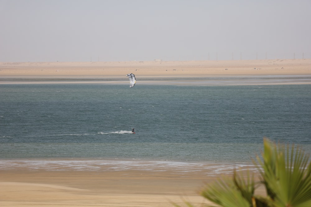 Una persona haciendo windsurf en el océano en un día soleado