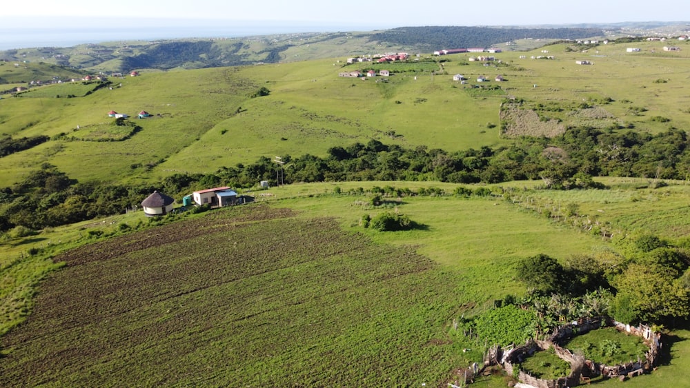 an aerial view of a lush green countryside