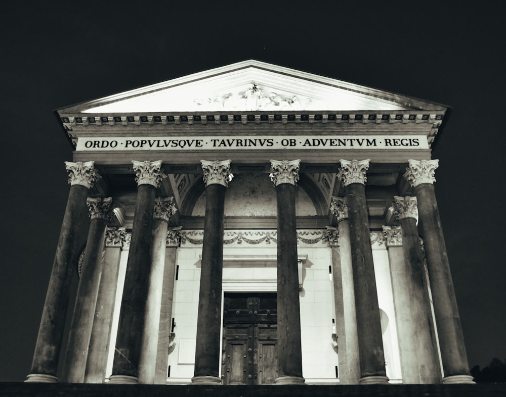 a black and white photo of the front of a building