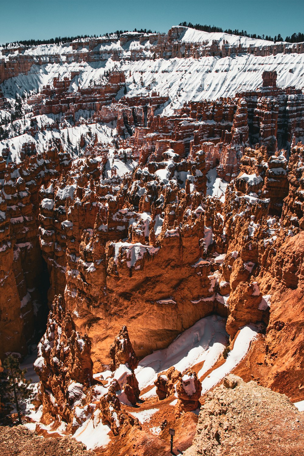 a snow covered canyon with a mountain in the background