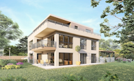 A modern, three-story house with large windows and balconies is surrounded by a lush, green garden. The building features contemporary architecture with clean lines and a flat roof. The garden is well-maintained with various trees, flowers, and a small patio area with outdoor furniture.