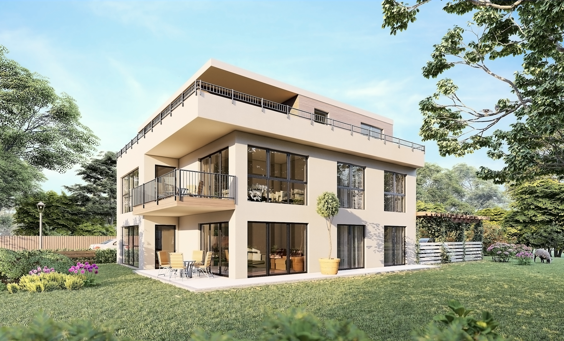 a two story house with balconies and balconies on the second floor