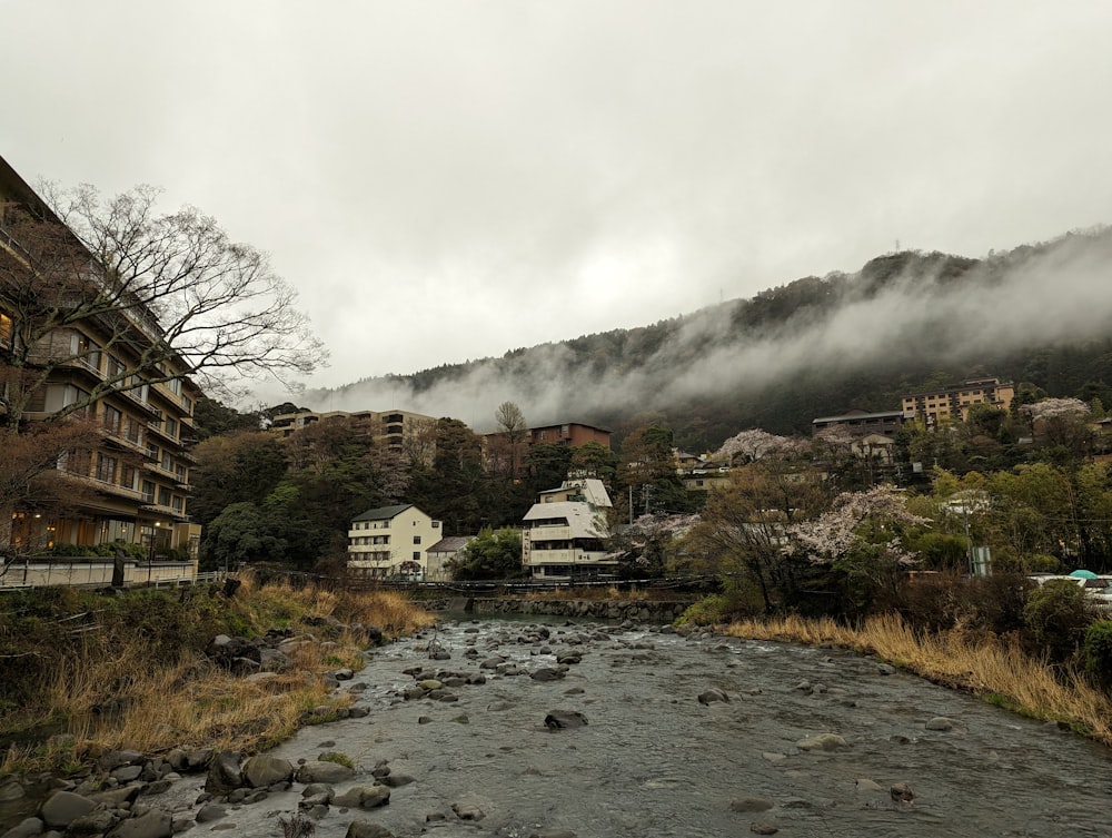 a river running through a lush green hillside