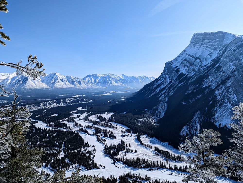 a view of a snowy mountain range with a river running through it