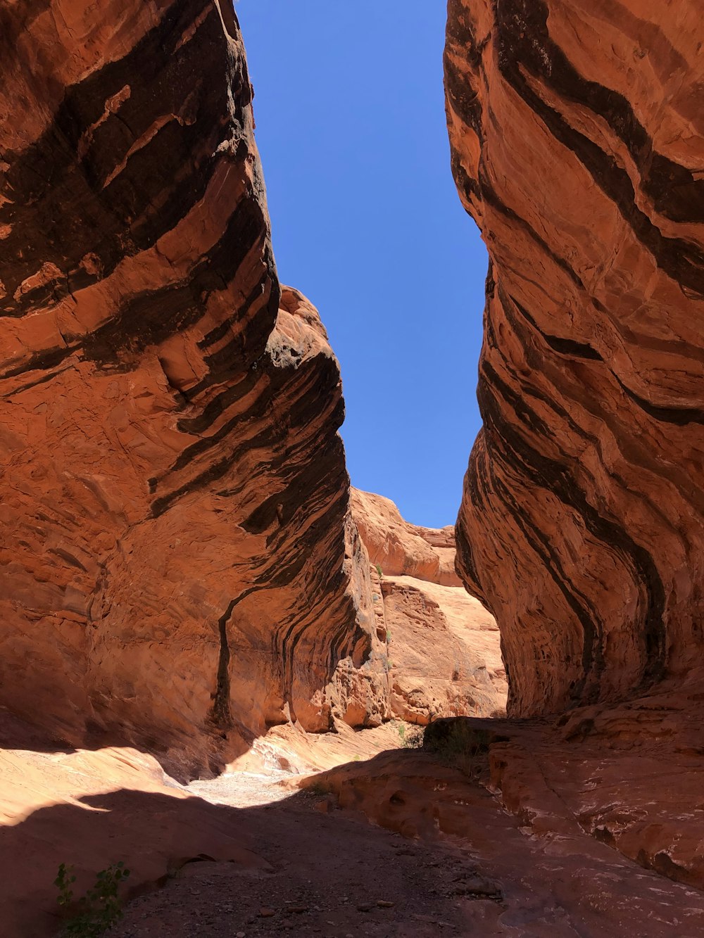a narrow slot in the side of a rock formation