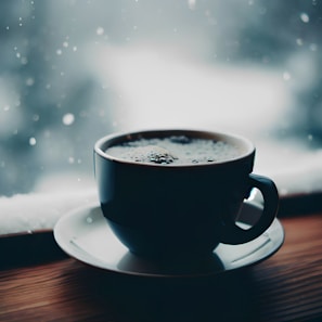 A relaxed moment with a person enjoying coffee by a window overlooking a snowy landscape.