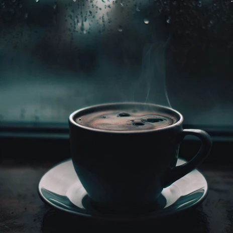 A cozy corner with a steaming cup of coffee next to a window overlooking a quiet Long Island street.