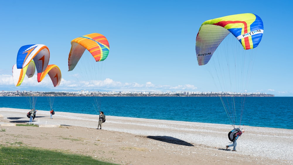 a group of people standing on top of a beach flying kites