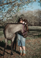 a woman standing next to a horse in a field