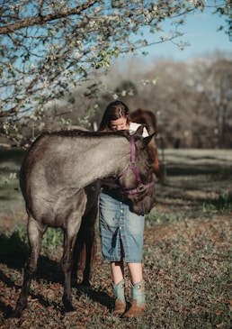 a woman standing next to a horse in a field