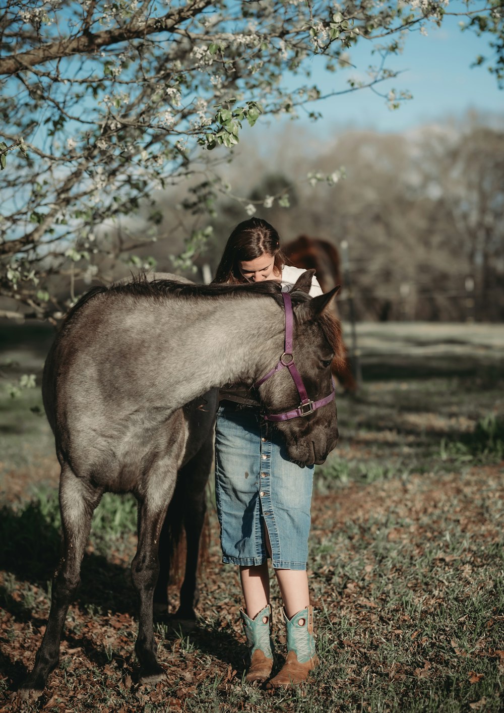 a woman standing next to a horse in a field