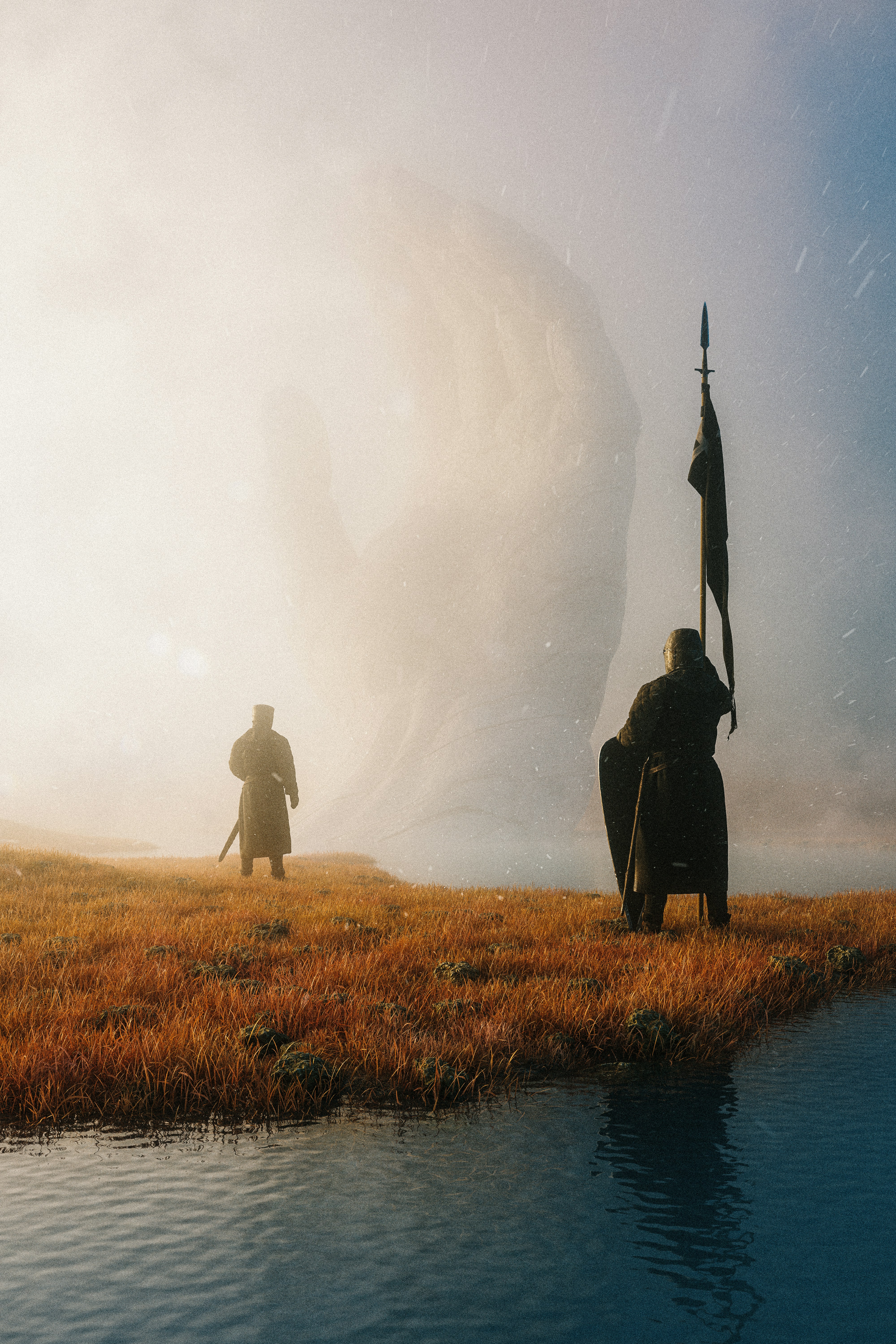 dois elefantes em pé em um campo ao lado de um corpo de água