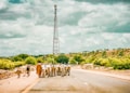 A herd of cattle is being guided by a person wearing traditional clothing on a road that cuts through a rural landscape. The sky is cloudy, and in the background, there is a tall communication tower surrounded by lush green vegetation and rolling hills.