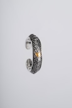 An intricately designed silver ring featuring a textured scale-like pattern and a central gold accent. The ring appears suspended against a plain, light grey background, highlighting its ornate craftsmanship and metallic sheen.