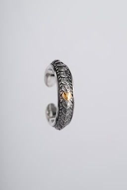 An intricately designed silver ring featuring a textured scale-like pattern and a central gold accent. The ring appears suspended against a plain, light grey background, highlighting its ornate craftsmanship and metallic sheen.