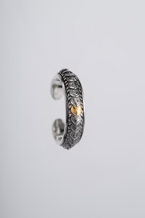An intricately designed silver ring featuring a textured scale-like pattern and a central gold accent. The ring appears suspended against a plain, light grey background, highlighting its ornate craftsmanship and metallic sheen.