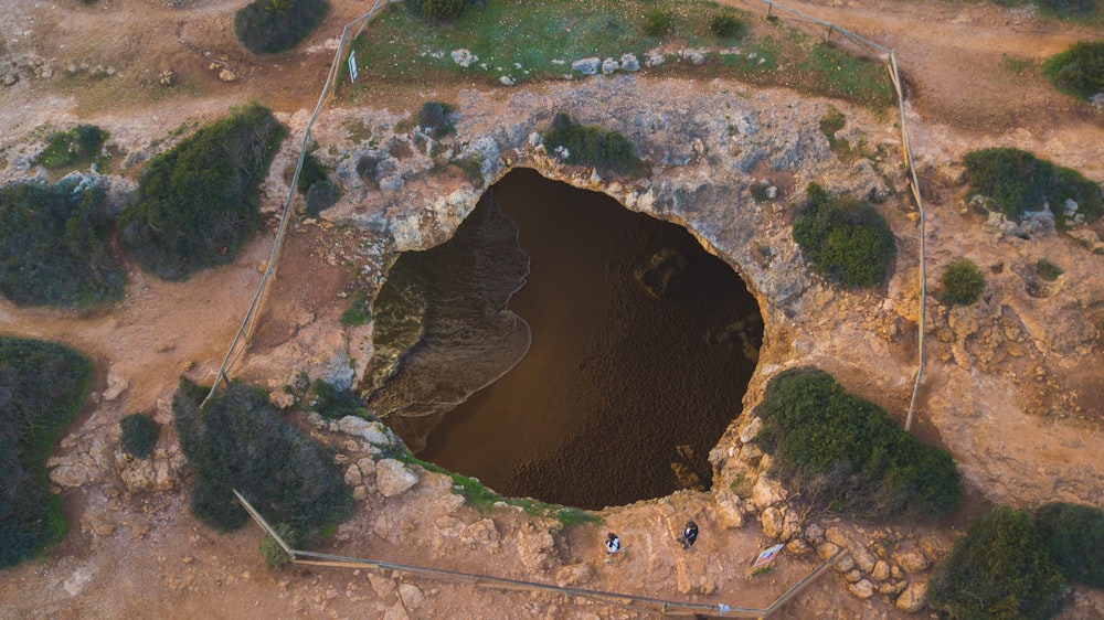 an aerial view of a lake surrounded by trees