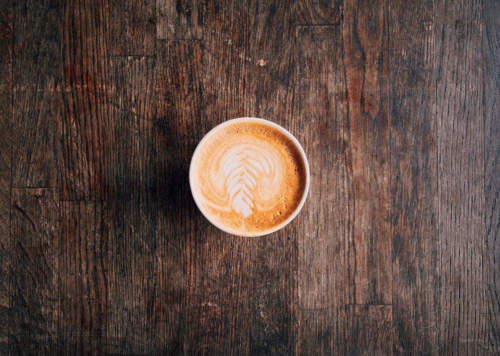 a cup of coffee on a wooden table