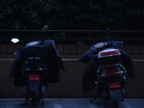 Two scooters are parked side by side, covered with what appears to be protective jackets draped over them. They are positioned in front of a railing with dense green foliage in the background. The image has a somewhat dim or shadowy quality, suggesting it might be taken in low light or twilight conditions.