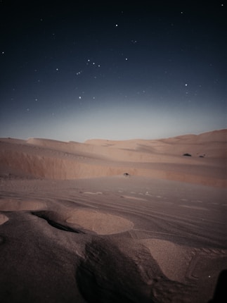 A starry night sky over a tranquil desert landscape with sandy dunes extending into the distance. The scene is serene, with a clear view of stars twinkling against a deep blue backdrop.