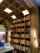 A well-organized bookshelf filled with a variety of books. The shelves are made of light-colored wood with a curved arch design that adds an elegant touch. Books are arranged in an orderly manner, with some positioned vertically while others are stacked horizontally. Light fixtures are integrated into the design, providing a warm and inviting illumination.
