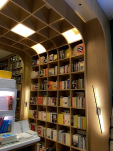 A well-organized bookshelf filled with a variety of books. The shelves are made of light-colored wood with a curved arch design that adds an elegant touch. Books are arranged in an orderly manner, with some positioned vertically while others are stacked horizontally. Light fixtures are integrated into the design, providing a warm and inviting illumination.