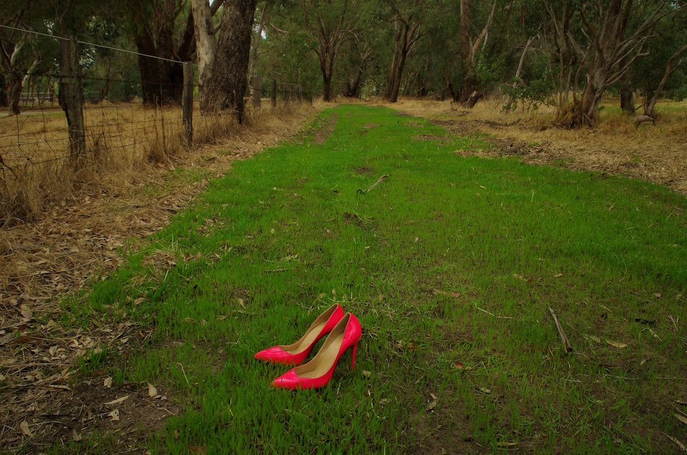 a pair of red high heeled shoes laying on the ground
