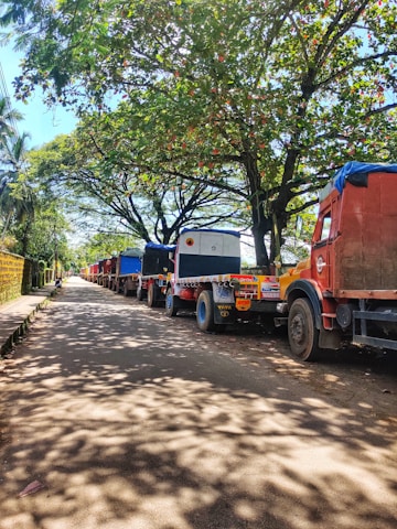 A fleet of trucks lined up at dawn, ready to start their routes across the city.