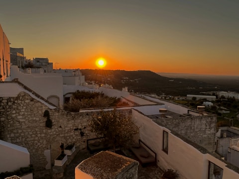 A scenic view of the village landscape at sunset.