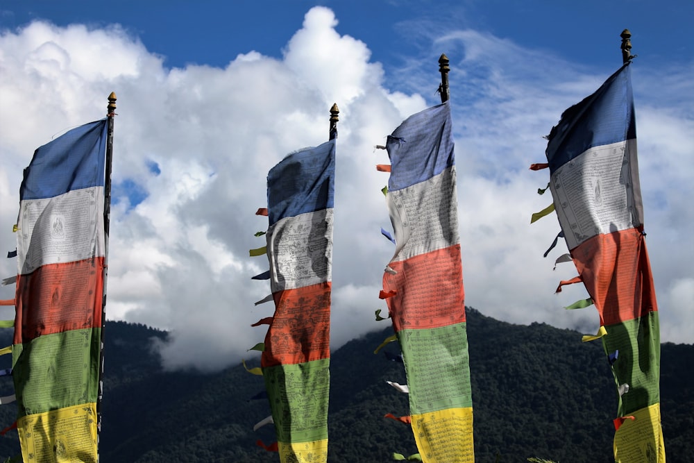 a group of flags with a mountain in the background