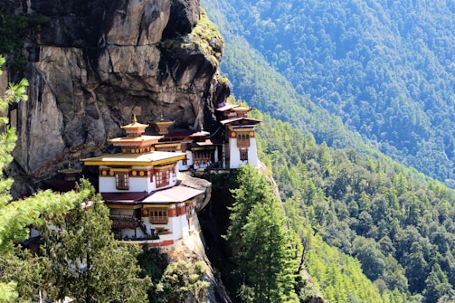 A tranquil monastery perched on a cliff in Bhutan.