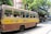 A vintage yellow and brown bus, labeled with Salt Lake and Howrah, is traveling down a street. Several passengers are seated inside, with the windows open. The background features a row of old buildings with greenery and shops. The scene is lively with people walking and street activity.