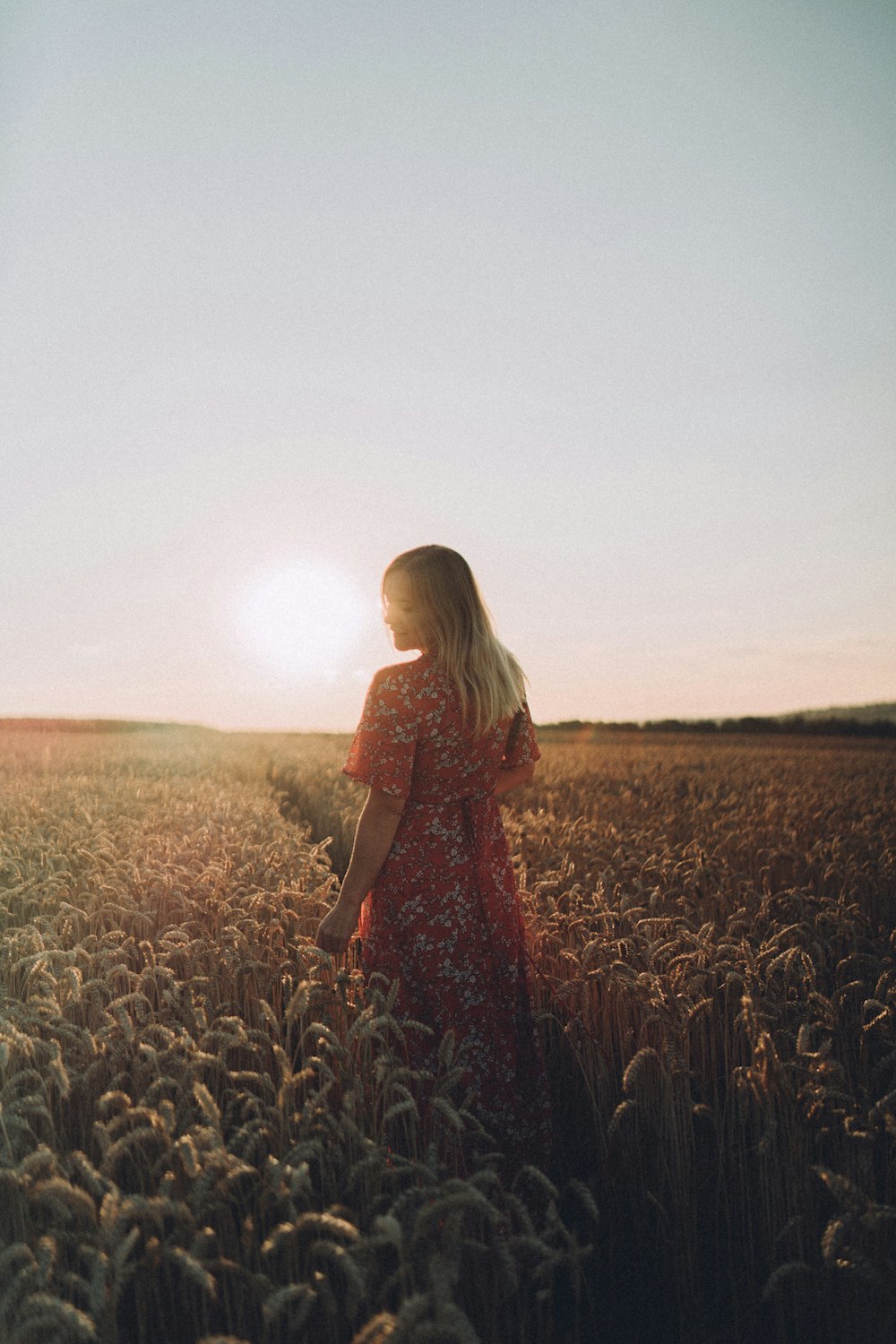 a woman standing in a field of wheat at sunset