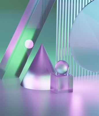 A surreal composition of geometric shapes, including a cone, sphere, and cube, rendered in translucent materials with soft purple and green lighting. Vertical stripes and reflective surfaces add a futuristic, abstract feel.