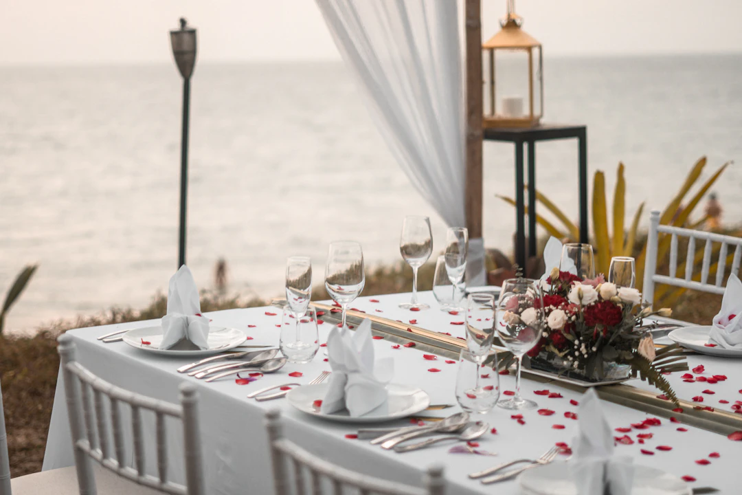 table set by the ocean