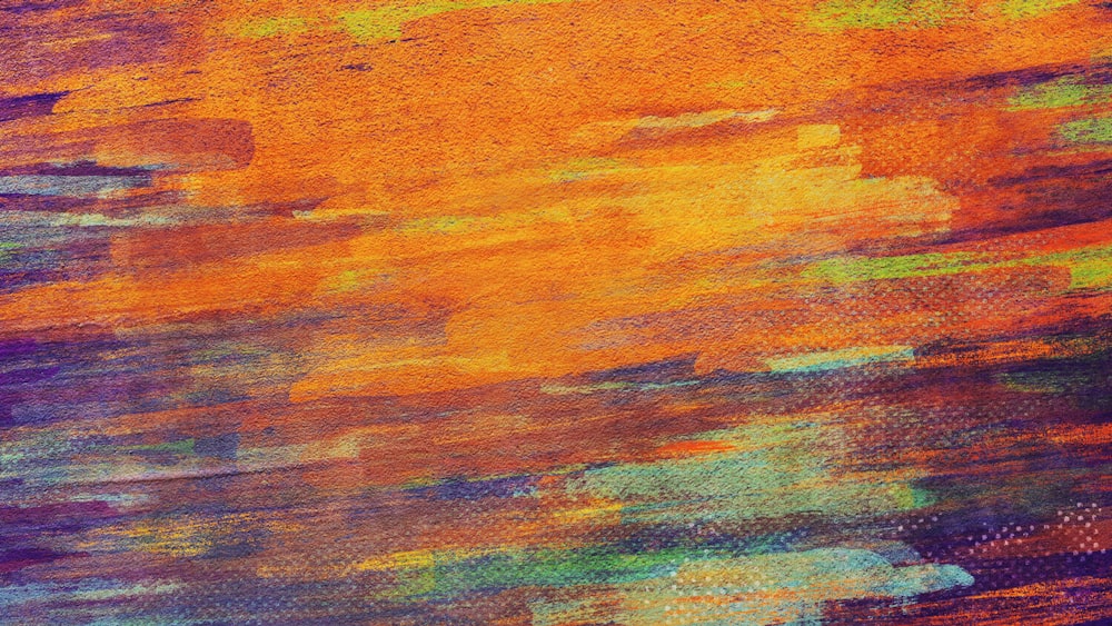 an abstract painting of orange, yellow, and purple colors