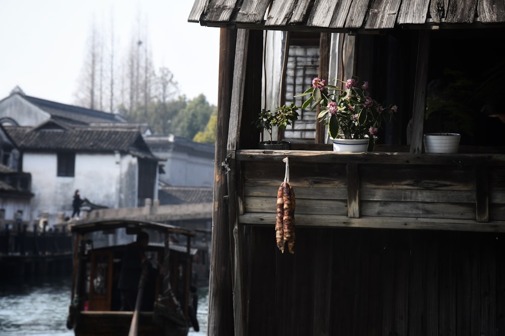 a wooden house with a potted plant next to it